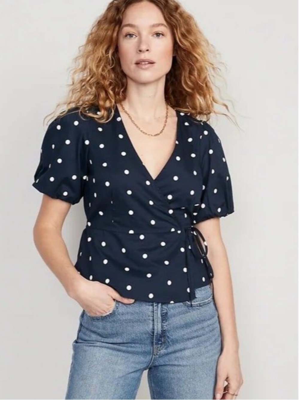 Old Navy Navy and White Polka Dot Puff Sleeves Wrap Blouse S